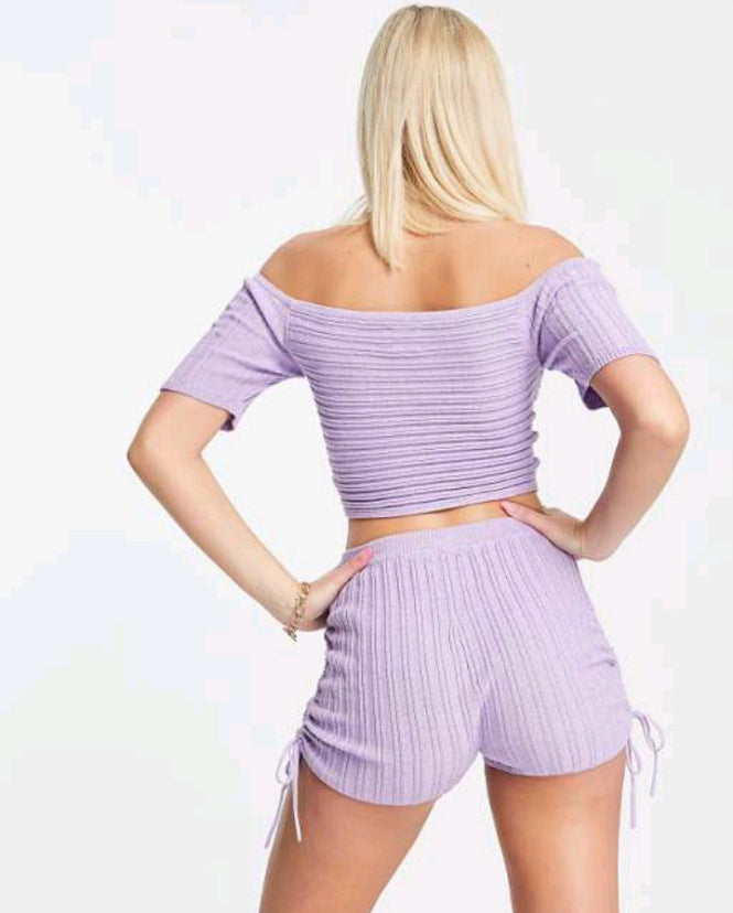 Co-ord Knitted Off The Shoulder Top With Ruched Front Detail - Lilac