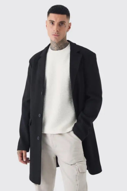 Tall Single Breasted Wool Look Overcoat in Black