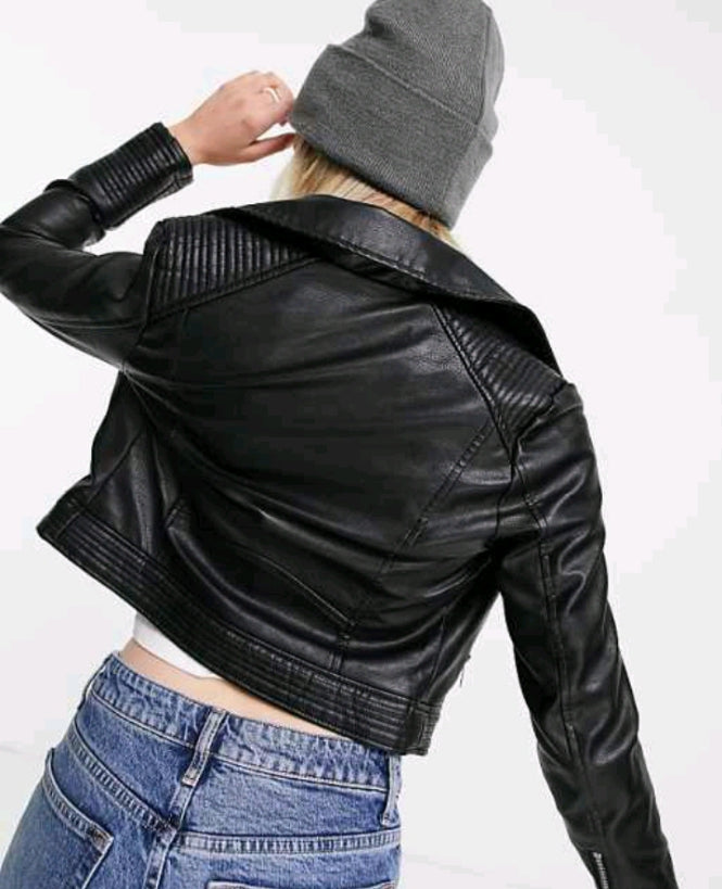 Petite Faux Leather Biker Jacket in Black