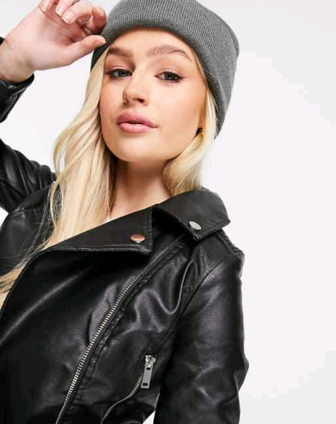 Petite Faux Leather Biker Jacket in Black