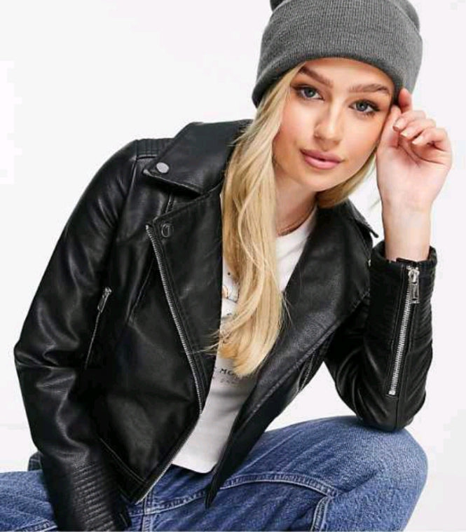 Petite Faux Leather Biker Jacket in Black