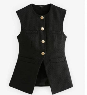 Tall Black Boucle Waistcoat With Textured Knit/ Prominent Gold Botton