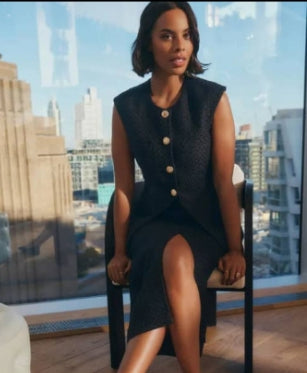 Tall Black Boucle Waistcoat With Textured Knit/ Prominent Gold Botton