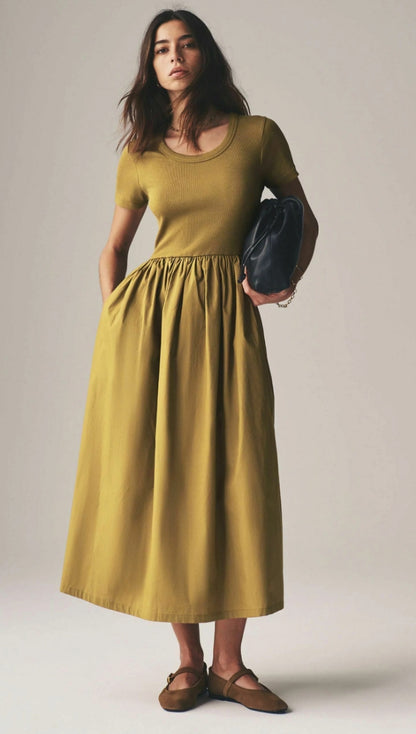 Ribbed Short Sleeve Mix Midi Dress
