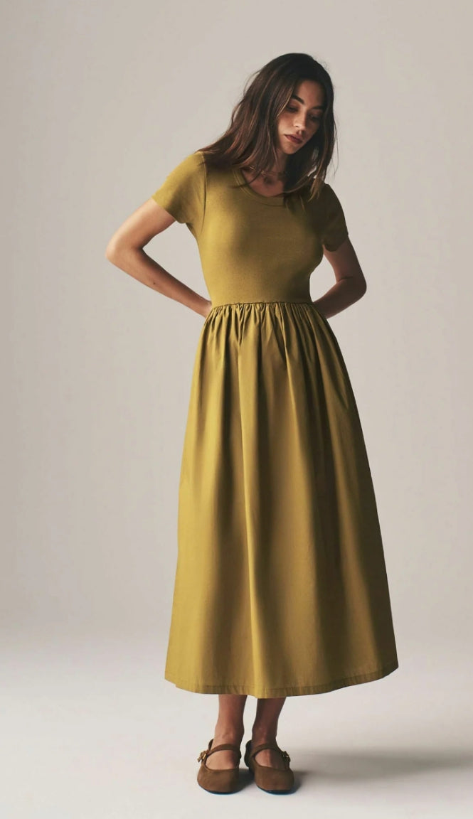 Ribbed Short Sleeve Mix Midi Dress