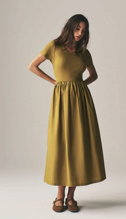 Ribbed Short Sleeve Mix Midi Dress