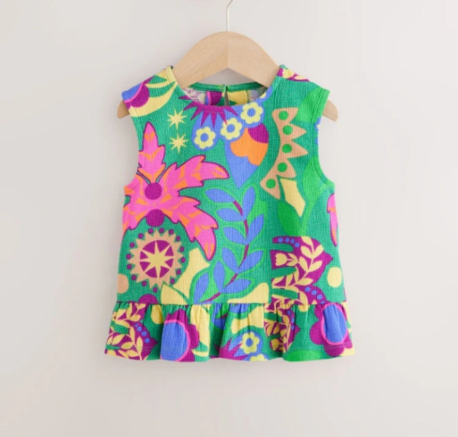 Green Tropical Print Peplum Textured Vest