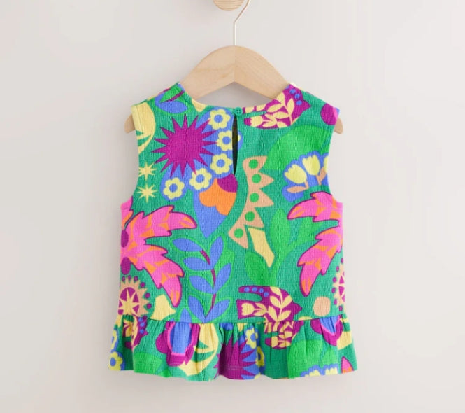 Green Tropical Print Peplum Textured Vest