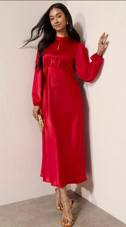 Satin Long Puff Sleeve High Neck Midi Dress