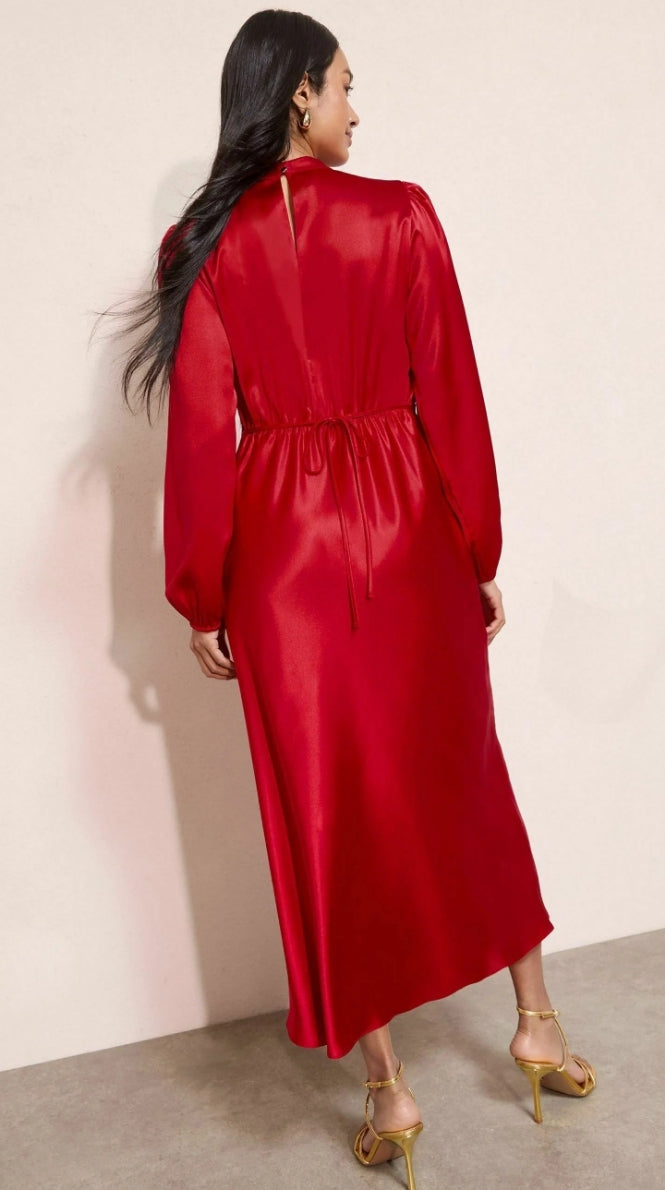 Satin Long Puff Sleeve High Neck Midi Dress