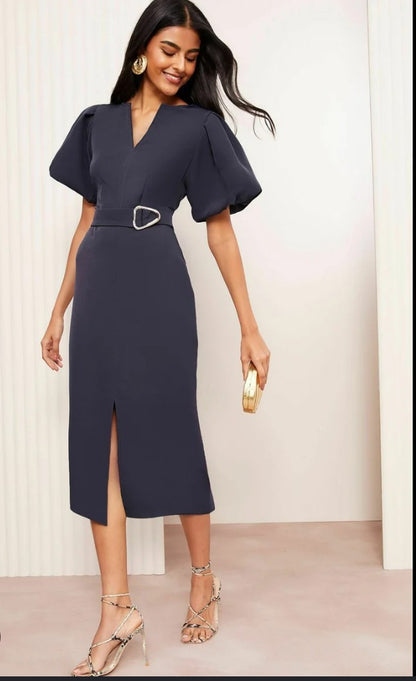Navy Notch Neck Tailored Midi Dress