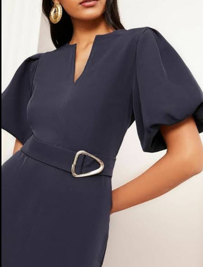 Navy Notch Neck Tailored Midi Dress