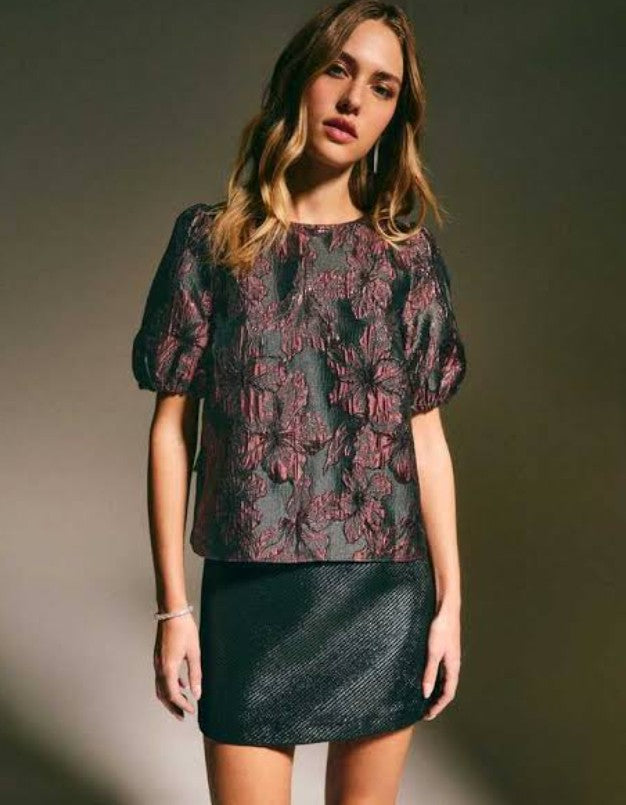 Dark Burgundy Floral Jacquard Short Sleeve Top