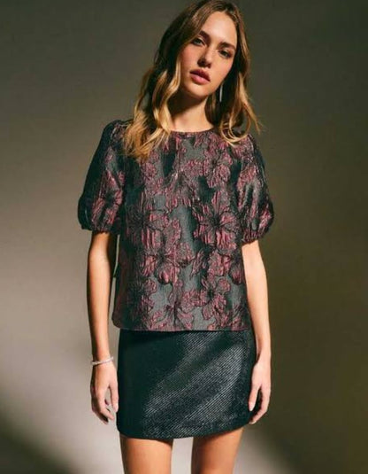 Dark Burgundy Floral Jacquard Short Sleeve Top