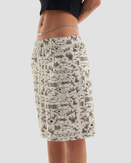 Oversized Surfer Shorts with Tattoo Print - Ecru