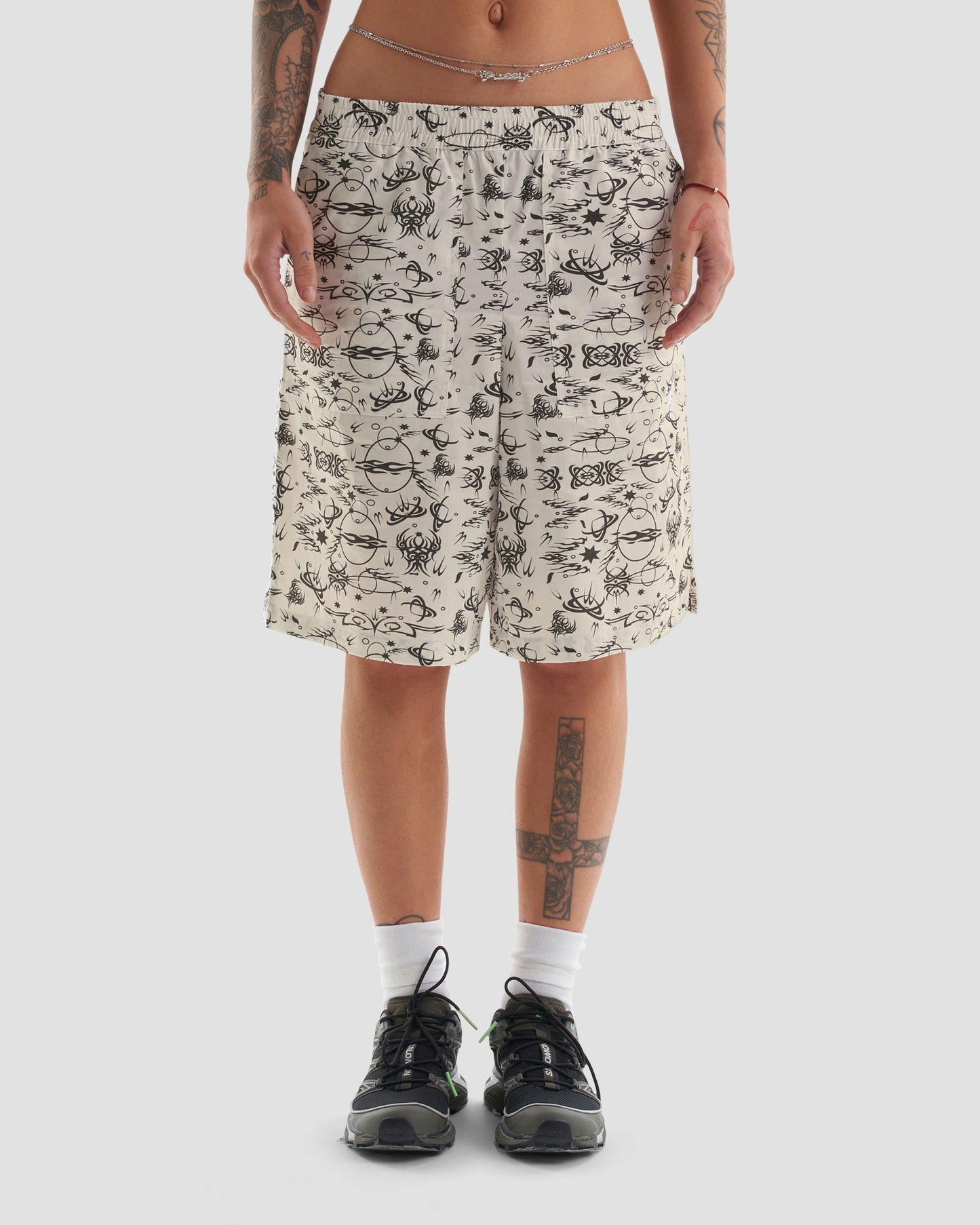 Oversized Surfer Shorts with Tattoo Print - Ecru
