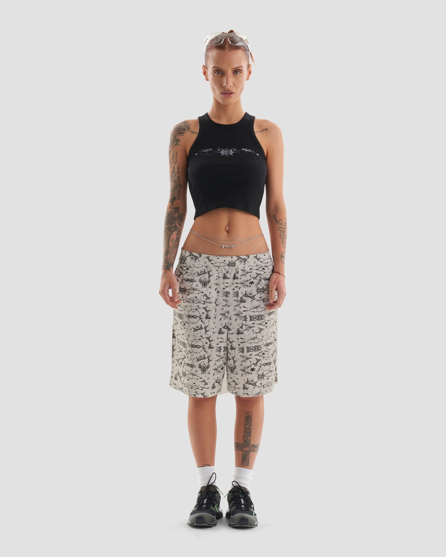 Oversized Surfer Shorts with Tattoo Print - Ecru