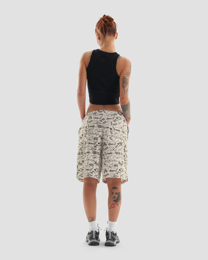 Oversized Surfer Shorts with Tattoo Print - Ecru