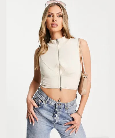 High Neck Plunge Front Crop Top Co-ord In Stone-Neutral