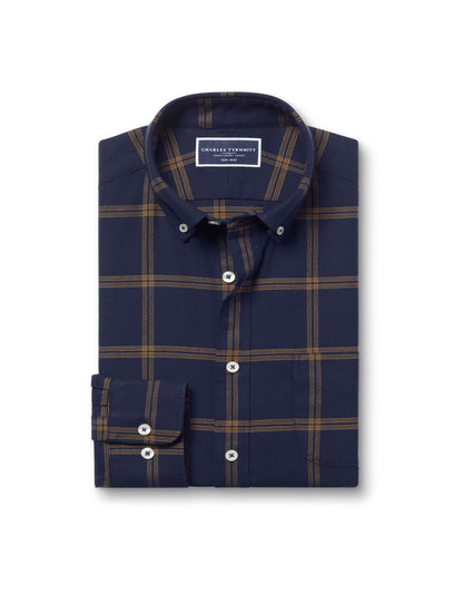 Button-Down Collar Large Grid Check Slim Fit Shirt Navy