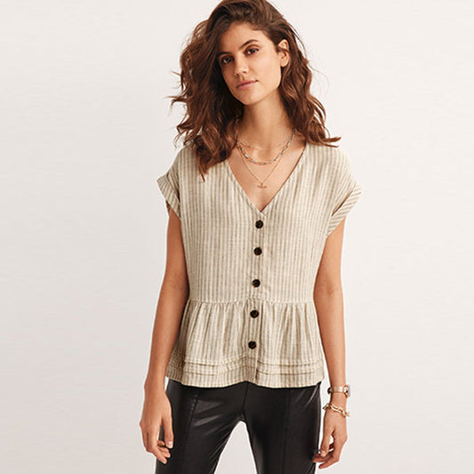 Neutral Stripe Linen Blend Button Through Top
