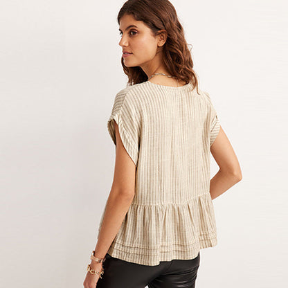 Neutral Stripe Linen Blend Button Through Top
