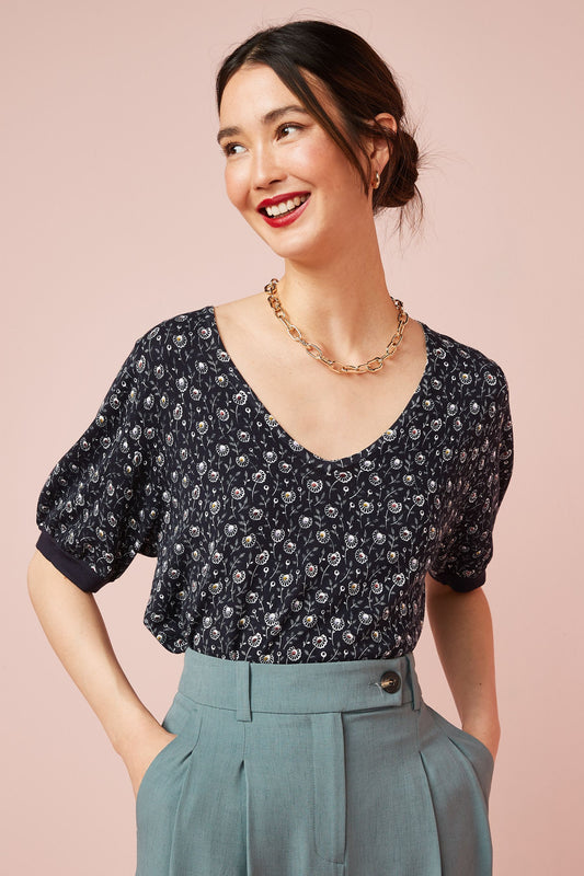 Navy Ditsy Floral Top