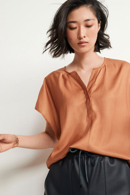 Satin V-Neck Top Camel Brown
