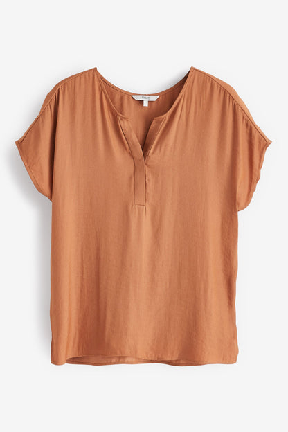 Satin V-Neck Top Camel Brown