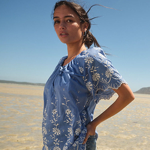 Blue White Kaftan Broderie Top