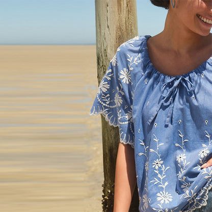 Blue White Kaftan Broderie Top