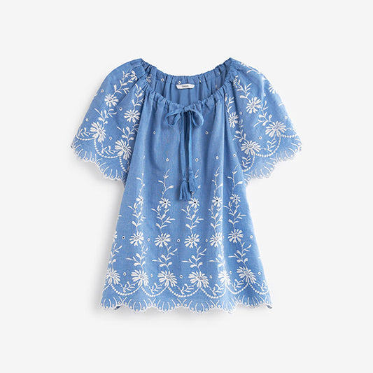 Blue White Kaftan Broderie Top