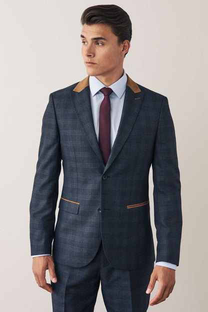 Blue Trimmed Check Suit Jacket