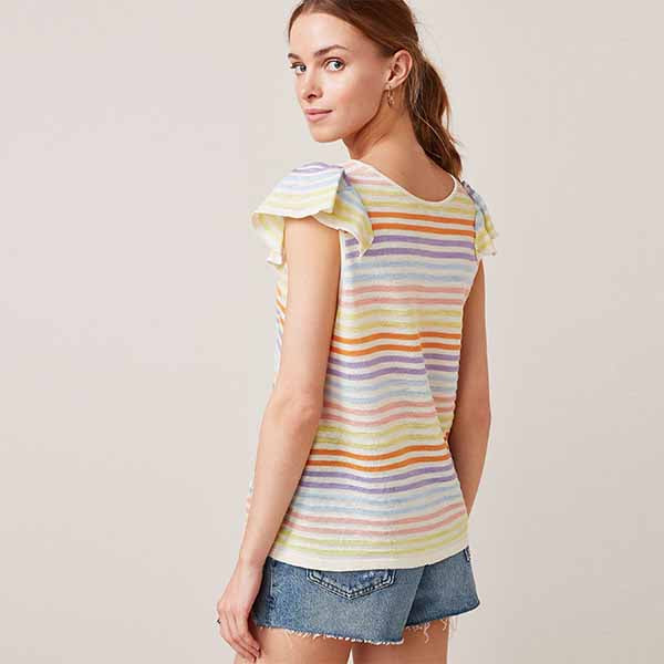 Rainbow Stripe Linen Mix Ruffle Sleeve Top
