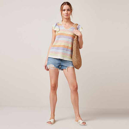 Rainbow Stripe Linen Mix Ruffle Sleeve Top