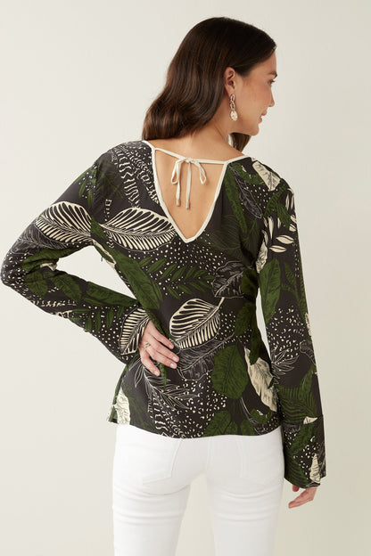 Brown Floral Longsleeve V-Neck Blouse