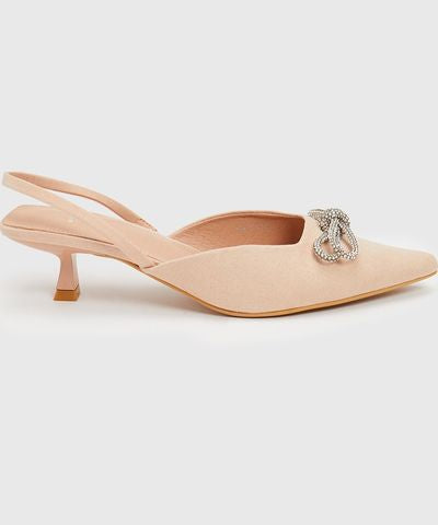 Nude Embellished Bow Sling Back Kitten Heels