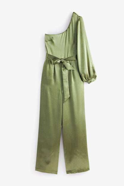 Khaki Green One Shoulder Jumpsuit