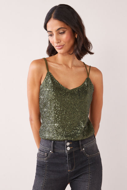 Sleeveless Strappy Cami Party Top Khaki