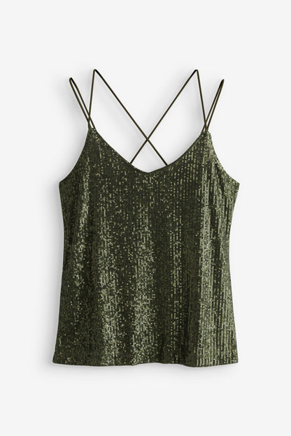 Sleeveless Strappy Cami Party Top Khaki