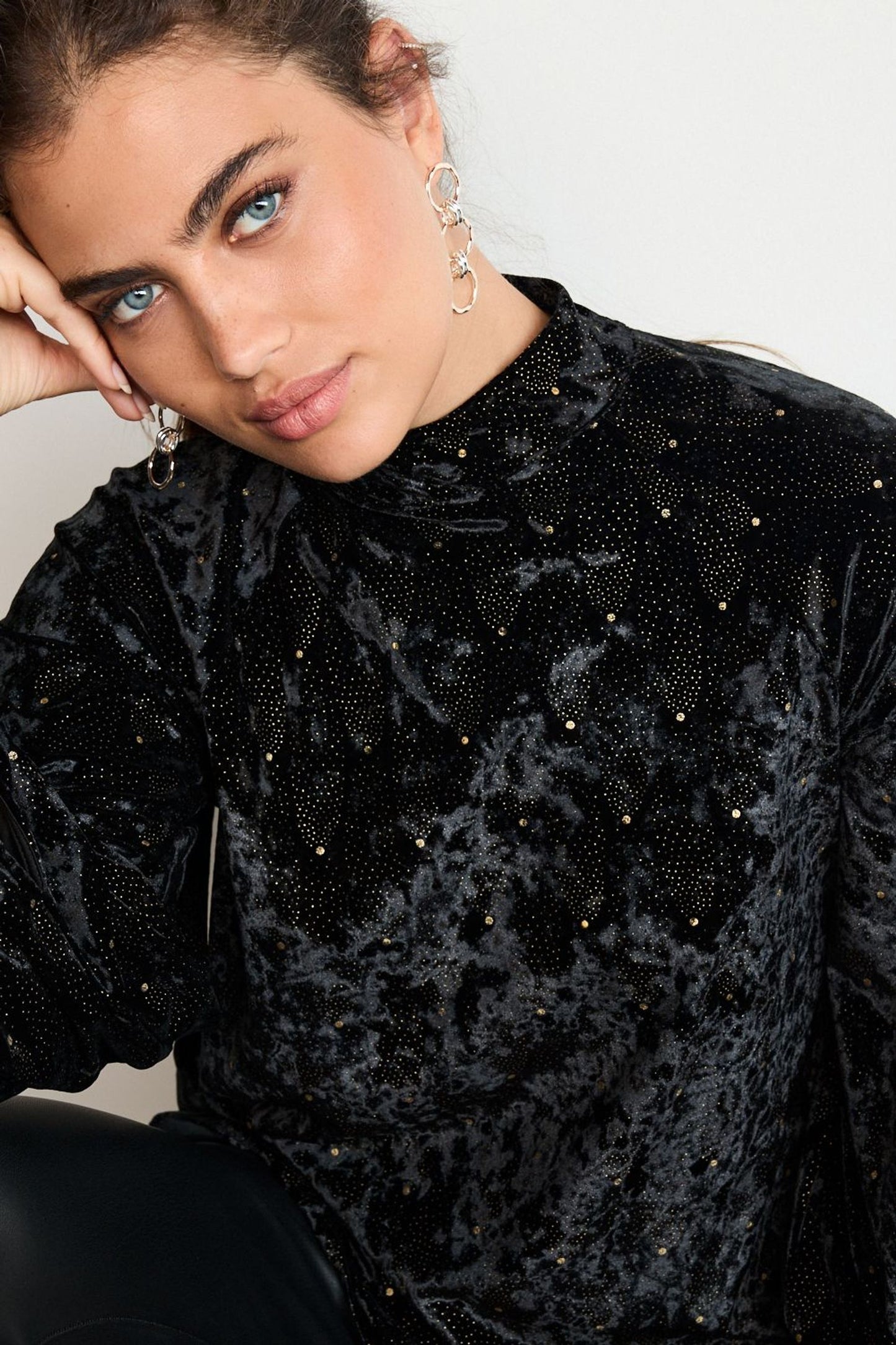 Black And Gold Embellished Longsleeve Velvet Top