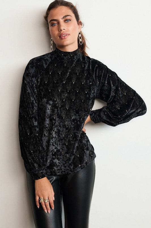 Black And Gold Embellished Longsleeve Velvet Top