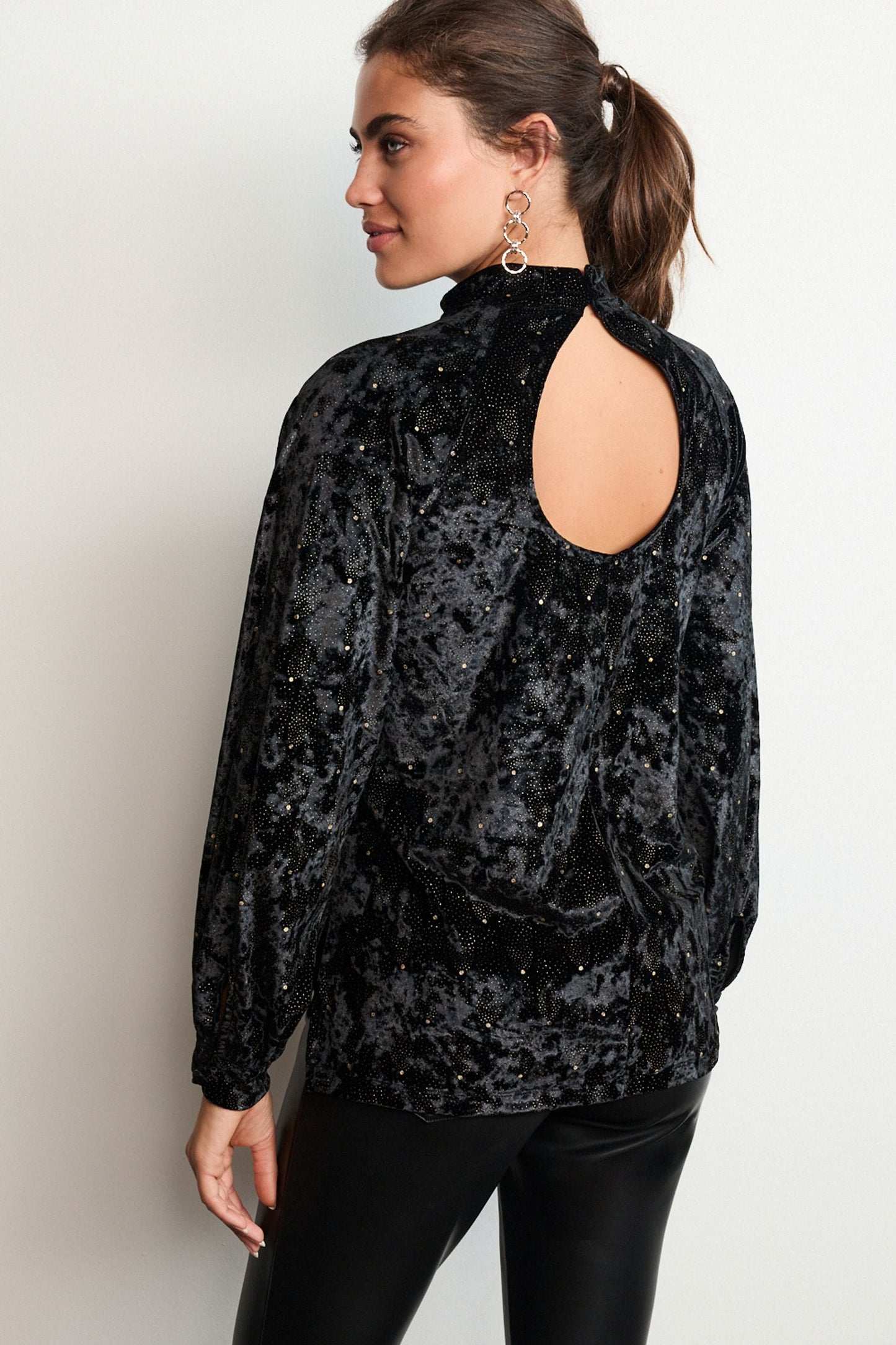 Black And Gold Embellished Longsleeve Velvet Top