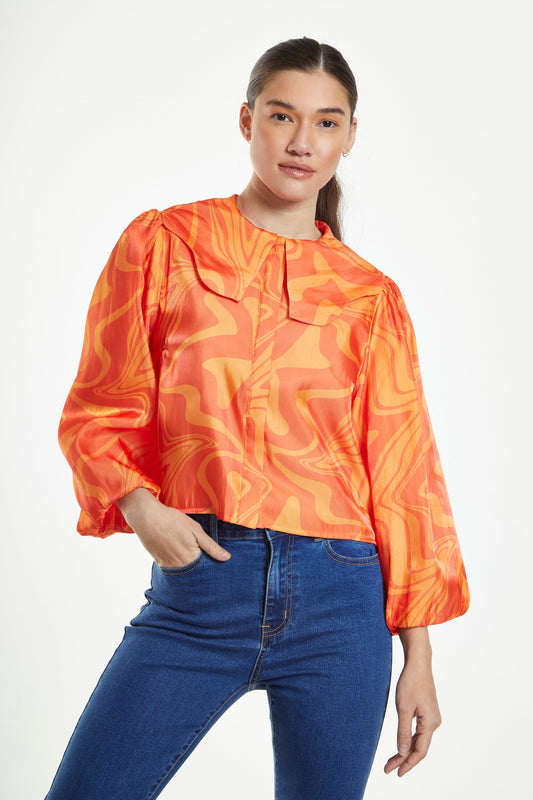 Orange Marble Boxy Shirt with Statement Collar