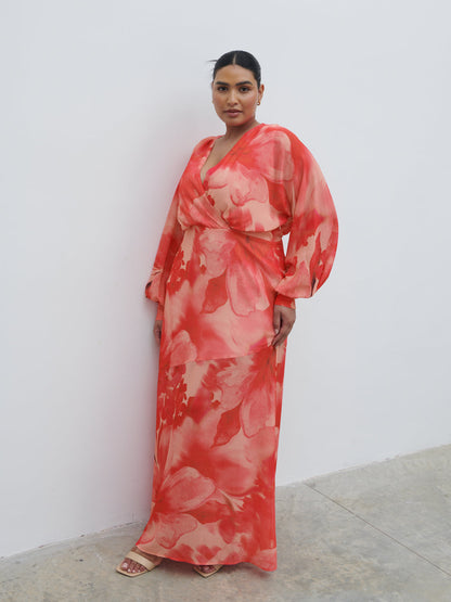 Theia Batwing Maxi Dress Curve - Pink Large Scale Floral