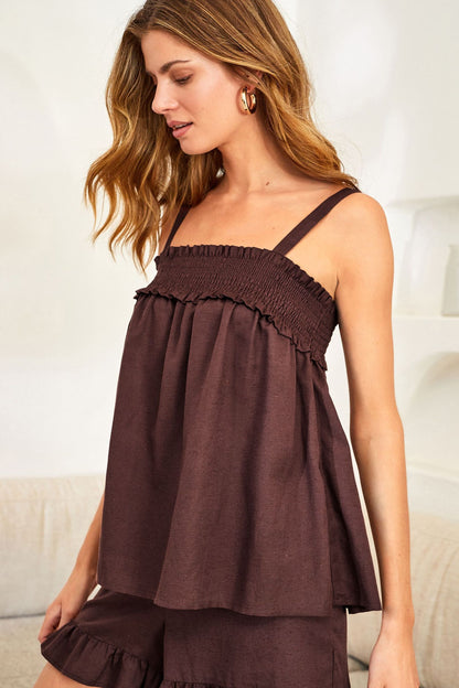 Brown Shirred Cami Top