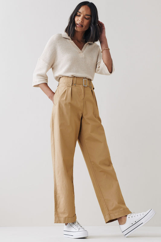 Camel Turn Up Wide Leg Trousers
