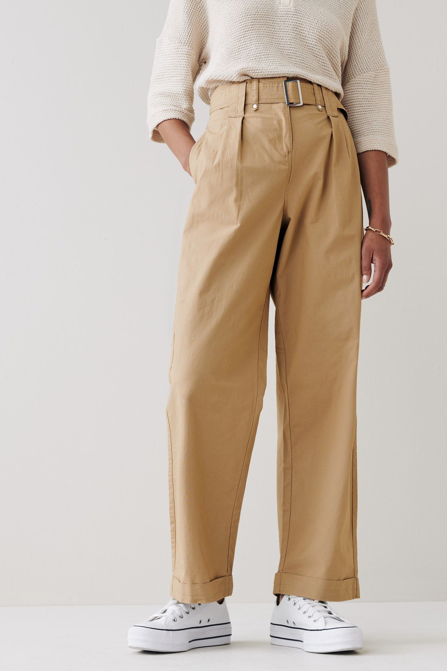 Camel Turn Up Wide Leg Trousers