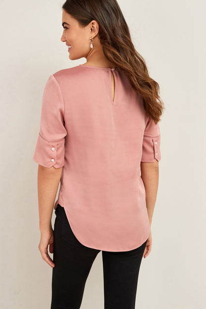 Curved Hem Satin Blouse Blush Pink