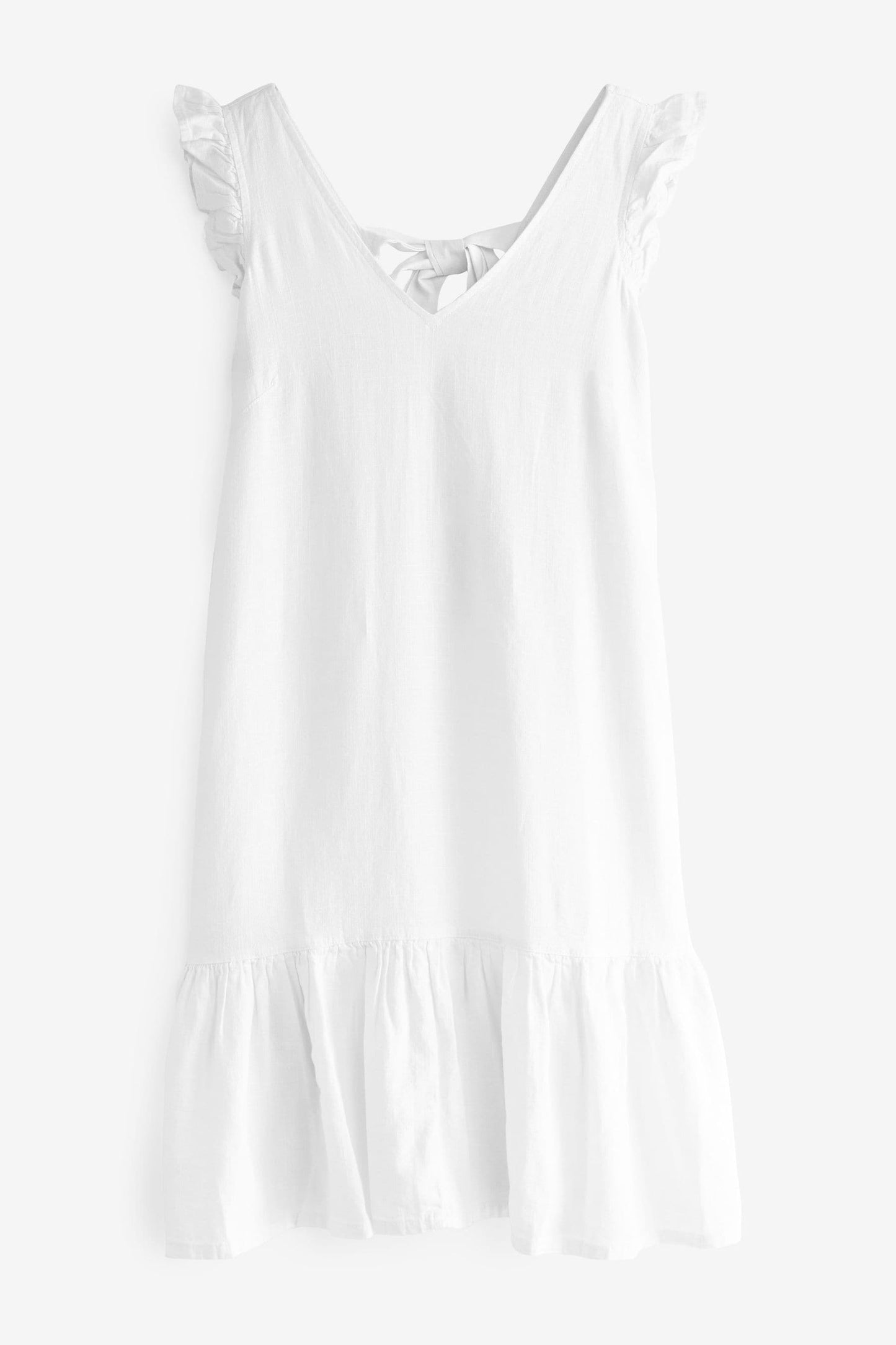 White Ruffle Sleeve Tie Back Mini Dress With Linen